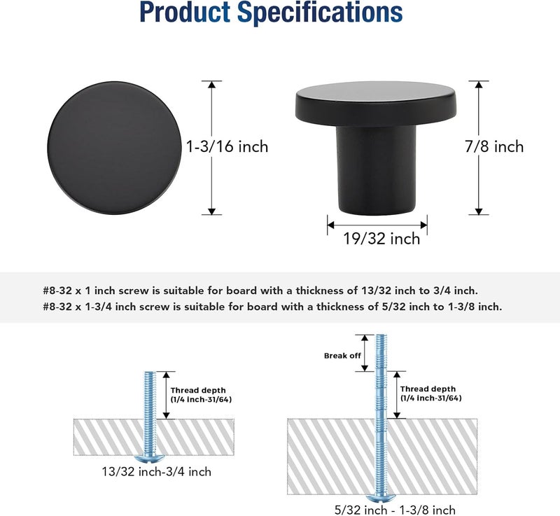 JOY DECOR 2 Pack Black Cabinet Knobs, Matte Black Kitchen Cabinet Knobs, 1-1/5 Inch Round Drawer Pulls, Kitchen Hardware for Dresser Drawers Closets - Image 3